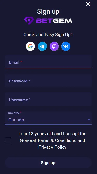 BetGem Registration Form BetGem Registration Form